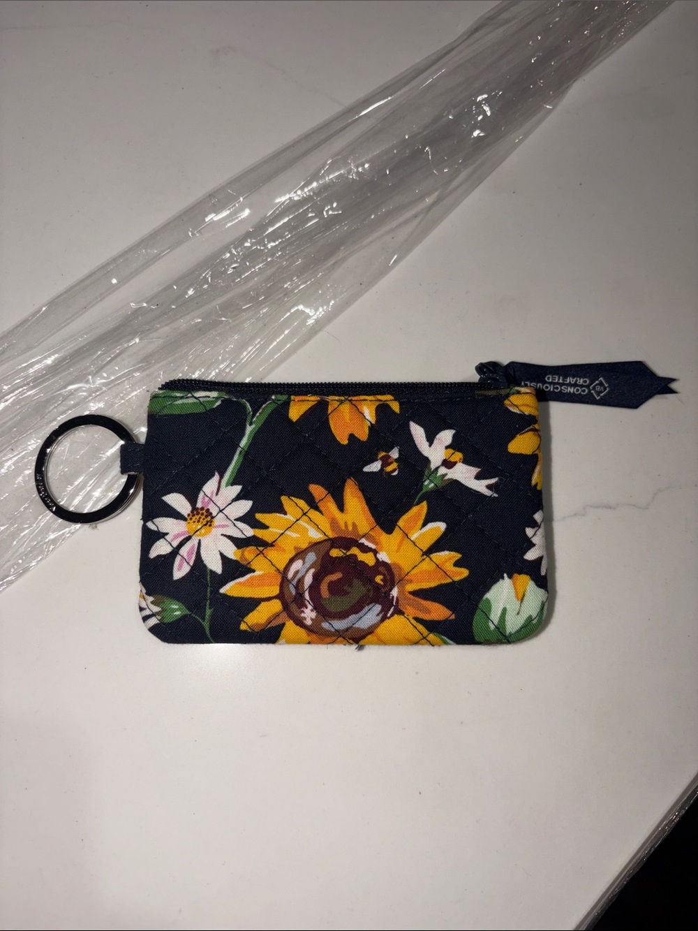 Vera Bradley likeNe Floral Quilted Keyring Coin Pouch - Yellow Sunflower Black